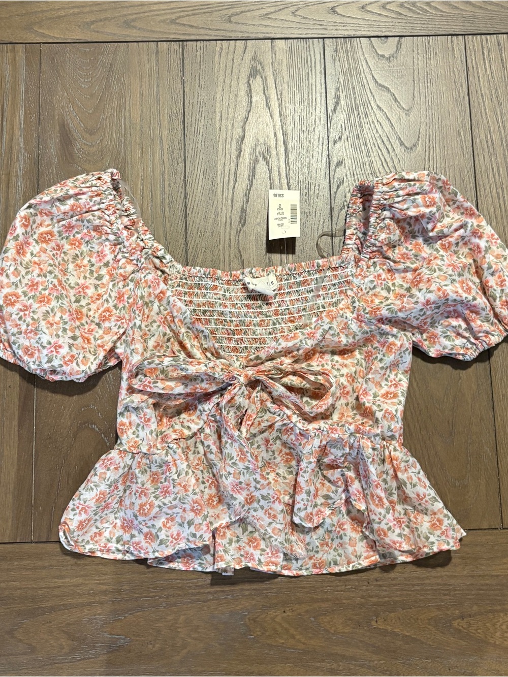 Aeropostale Peach Floral Tie-Front Puff Sleeve Top
